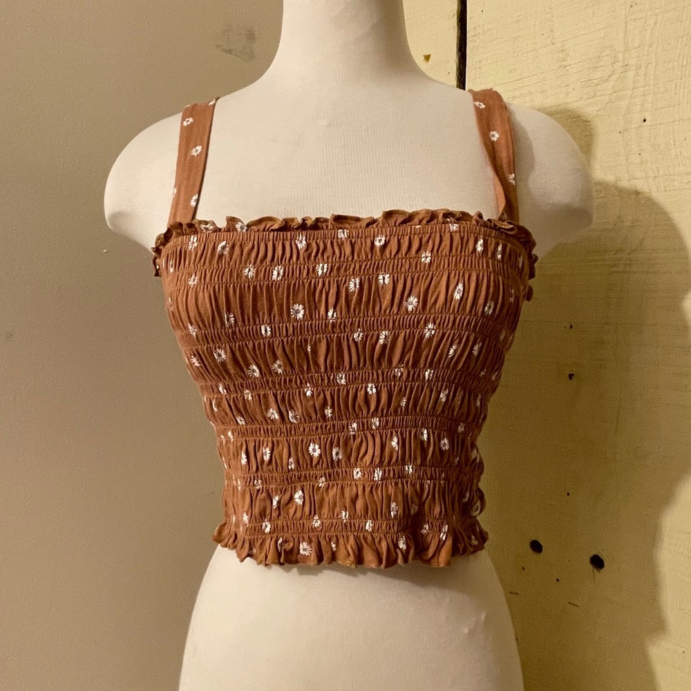 American Eagle Womens Size Small Smocked Floral Tank Top Brown White Sleeveless